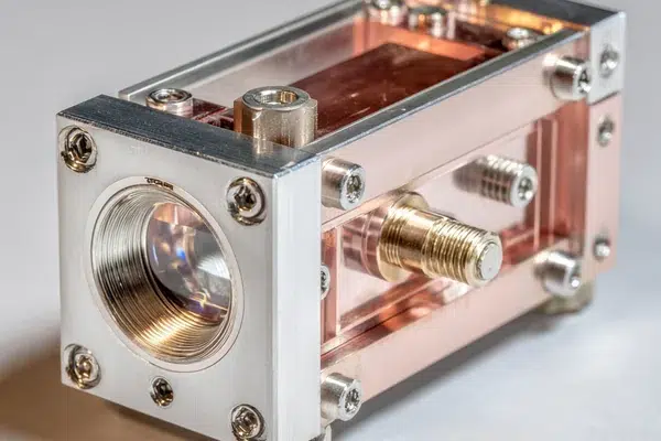 A close-up of a wavelength-stabilized pump diode module