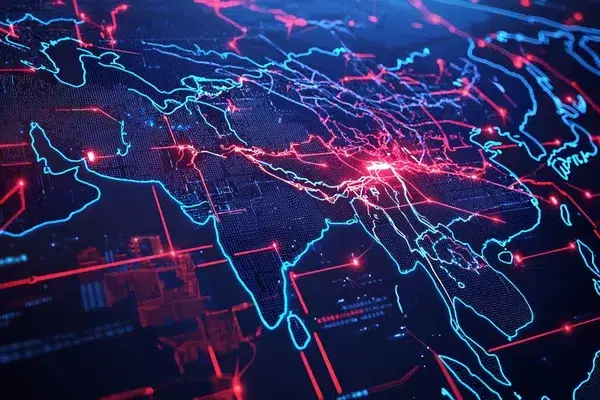 A map of the world with supply chain routes highlighted from China