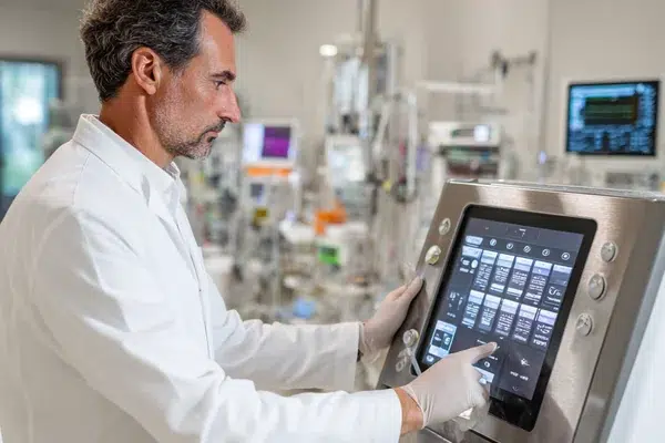 A medical professional setting parameters on a PDT laser console