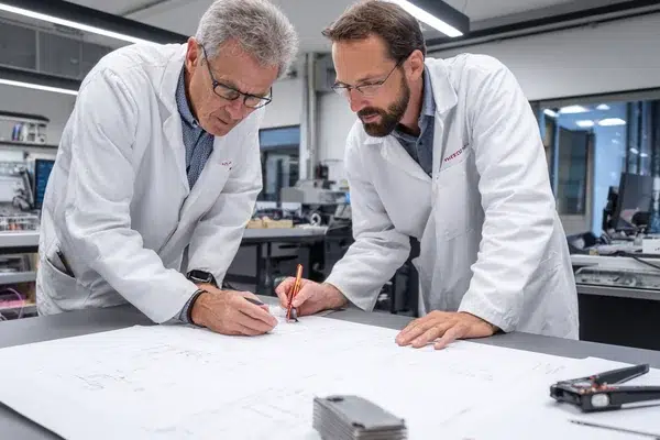 An engineer discussing a laser module blueprint with a supplier