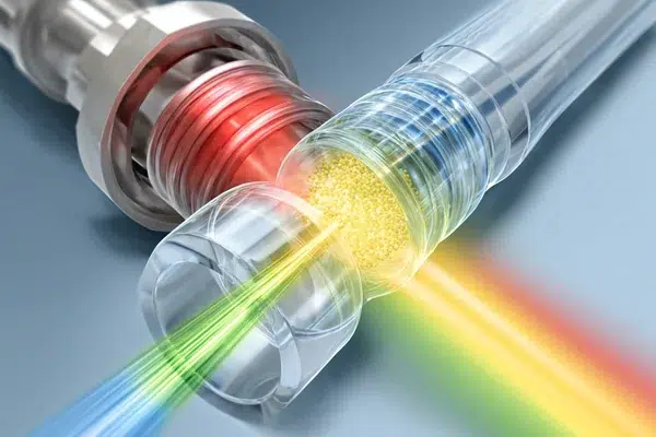 An illustration of the Stimulated Raman Scattering process in a fiber optic cable