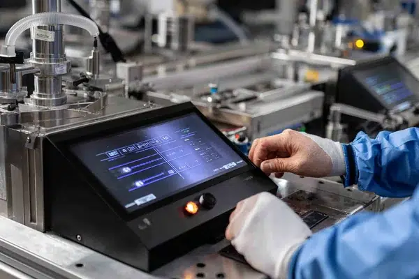 Technician adjusting laser process parameters